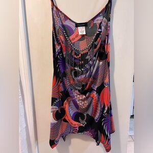 Fleurish Peacock design drape neck spaghetti strap flowy top size large